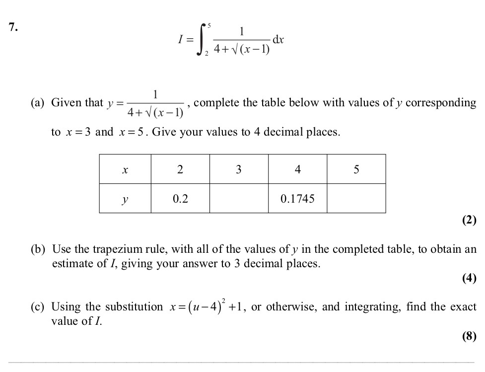 Given-that-$y-=-\frac{1}{4-+-\sqrt{(x-1)}}$,-complete-the-table-below-with-values-of-$y$-corresponding-to-$x-=-3$-and-$x-=-5$-Edexcel-A-Level Maths Pure-Question 3-2011-Paper 6.png